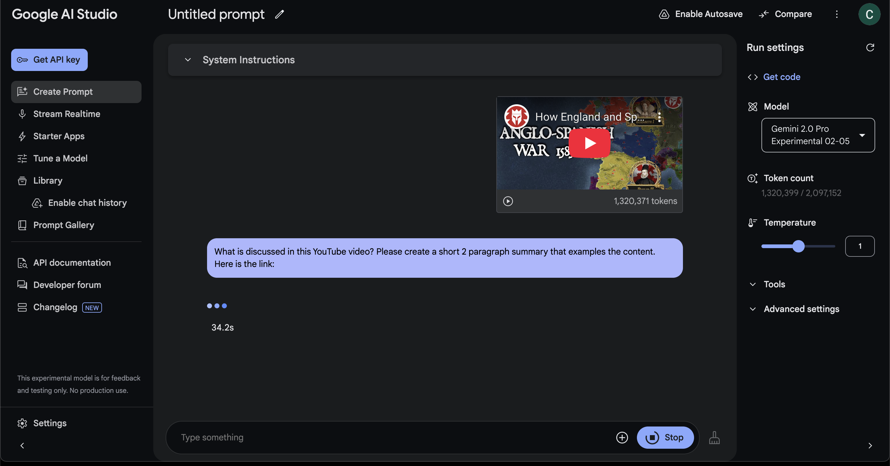YouTube video uploaded to AI Studio